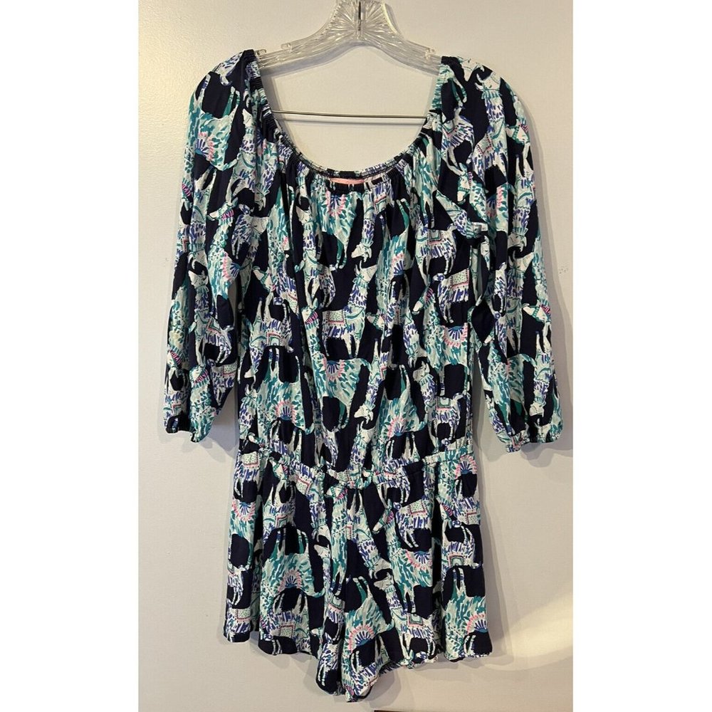 LILY PULITZER Lama Printed Shorts Romper  Sz Small Clean Cute 3/4 Sleeve